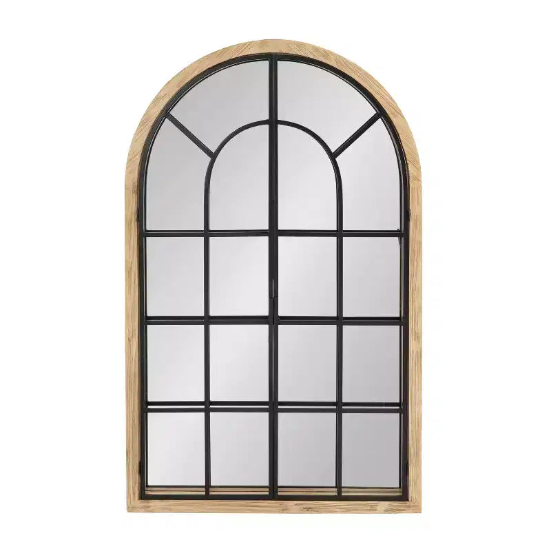 & 26"x42" Miroir à cadre de fenêtre cintré en bois/métal naturel : Design de ferme transitionnel