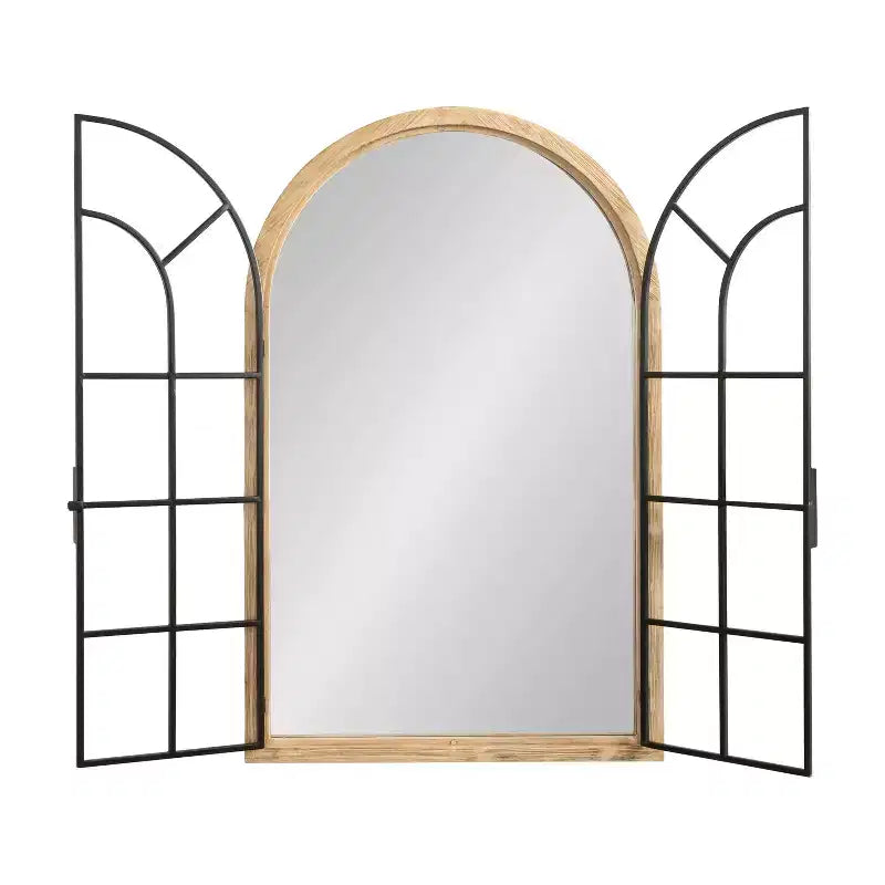 & 26"x42" Miroir à cadre de fenêtre cintré en bois/métal naturel : Design de ferme transitionnel