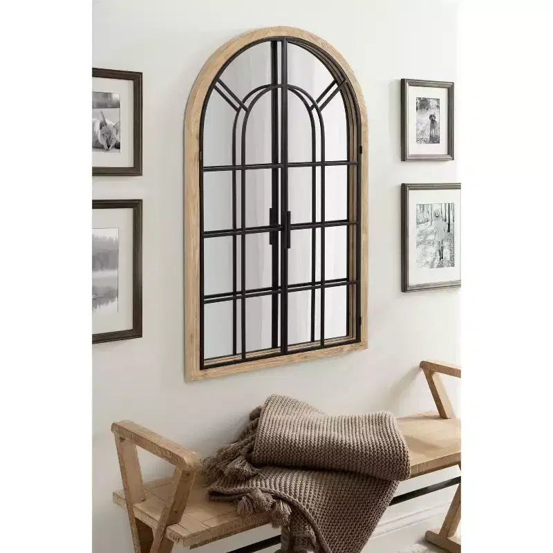 & 26"x42" Miroir à cadre de fenêtre cintré en bois/métal naturel : Design de ferme transitionnel