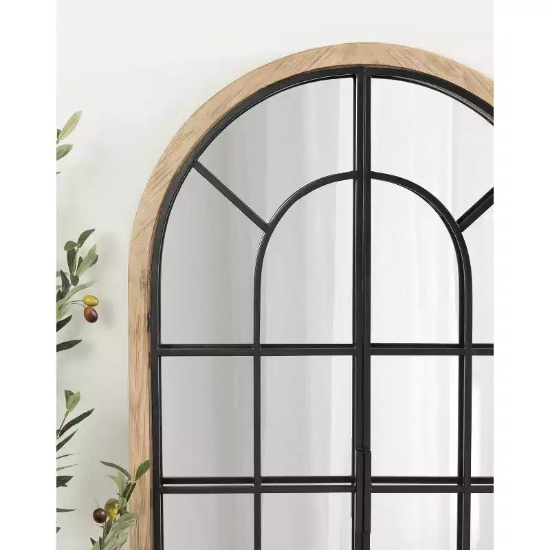 & 26"x42" Miroir à cadre de fenêtre cintré en bois/métal naturel : Design de ferme transitionnel