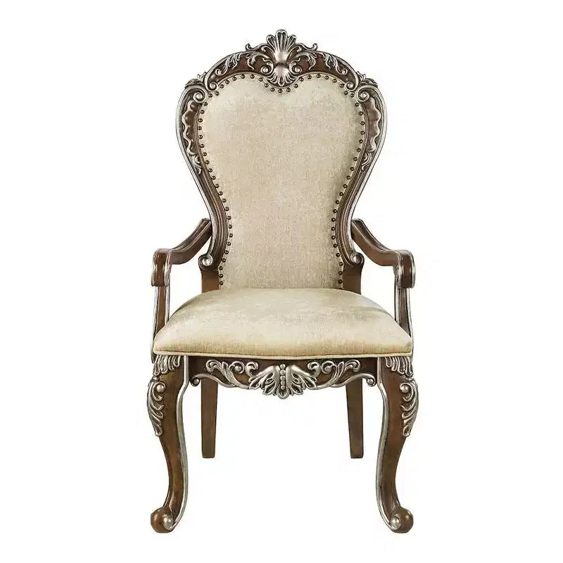 Chaise de salle à manger 24" Marron antique - : Chenille grise, détails argentés, garniture cloutée