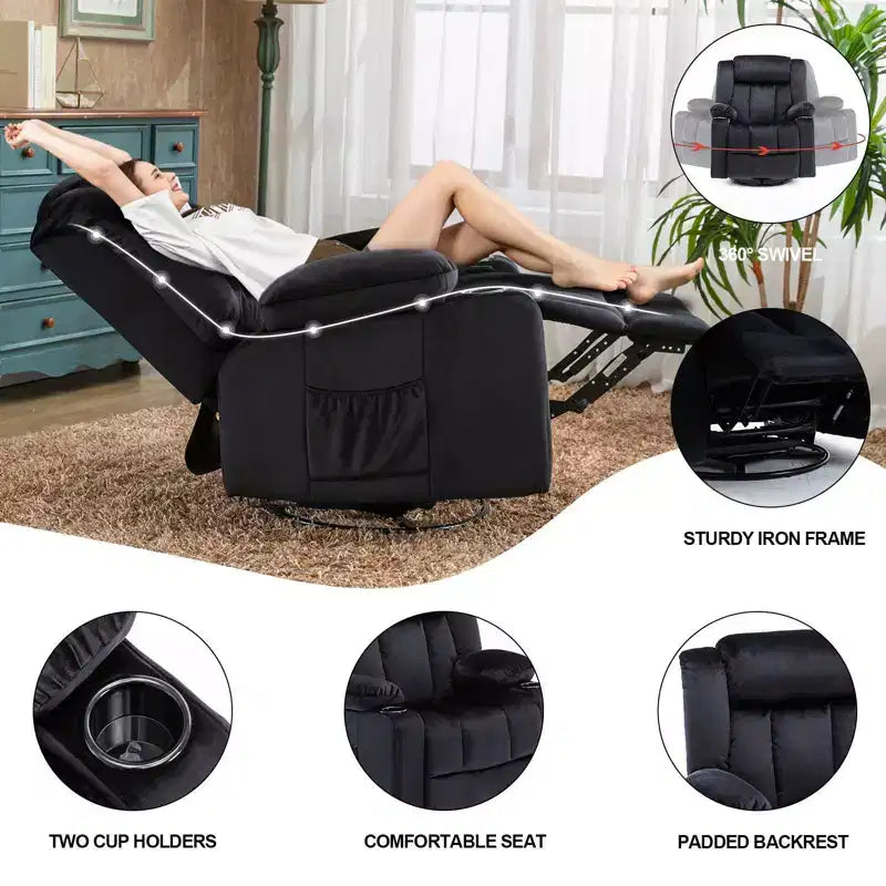 Fauteuil inclinable massant électrique Chauffant et basculant pivotant à 360° Noir