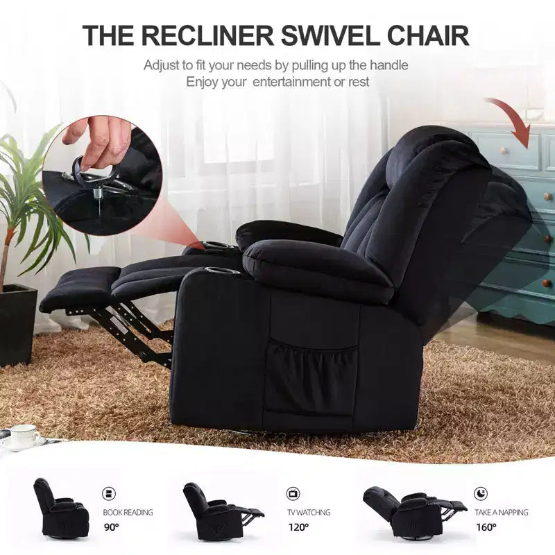 Fauteuil inclinable massant électrique Chauffant et basculant pivotant à 360° Noir