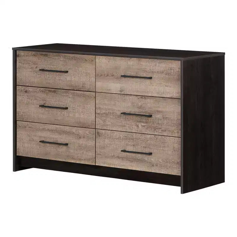 Commode double à 6 tiroirs noir frotté/chêne vieilli : Armoire de rangement contemporaine avec glissières métalliques