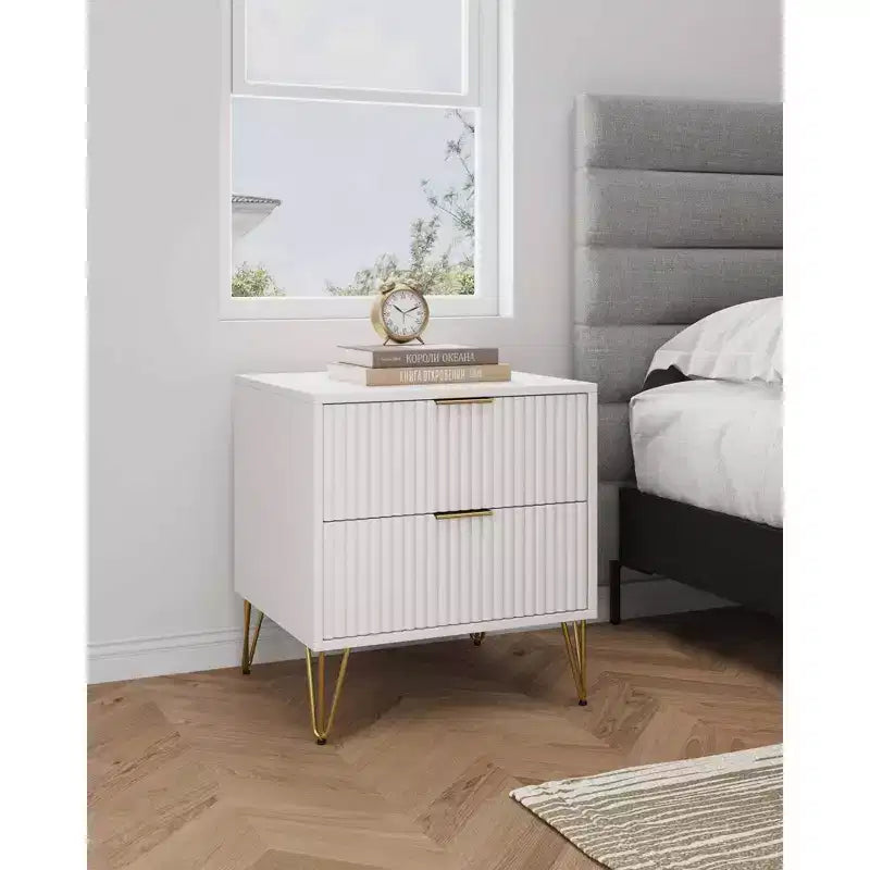 Table de chevet blanche à 2 tiroirs : Table de chevet moderne en MDF avec glissières métalliques, rangement