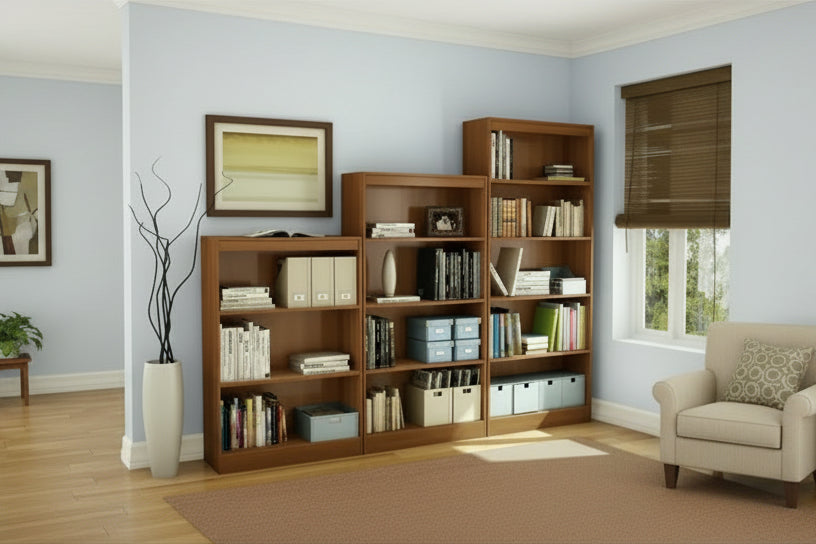 Bibliothèque décorative 4 tablettes 56 po cerise: tablettes verticales en panneaux de particules, capacité de 25 lb, hauteur de 56 po