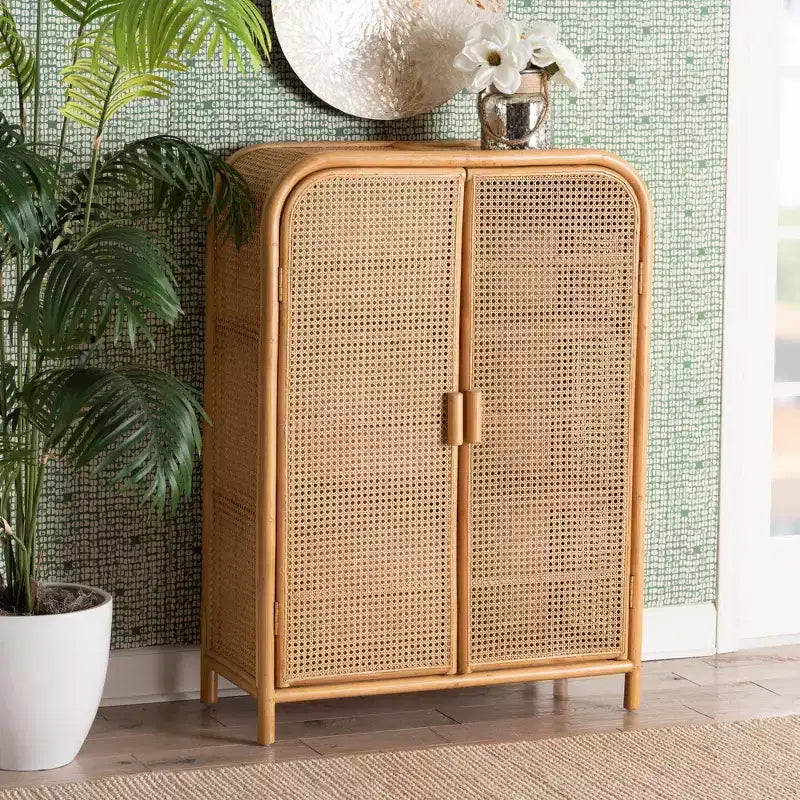 Armoire de rangement 2 portes en rotin Miel clair : Cadre en contreplaqué, Étagères fixes, Aucun assemblage requis