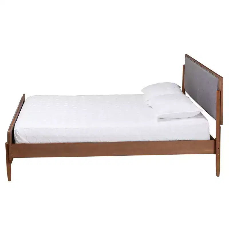 Lit plateforme en tissu et bois : design Mid-Century, rembourrage en mousse, pas besoin de sommier tapissier