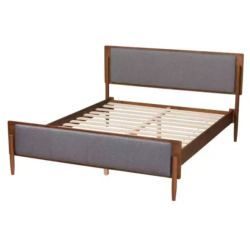 Lit plateforme en tissu et bois : design Mid-Century, rembourrage en mousse, pas besoin de sommier tapissier