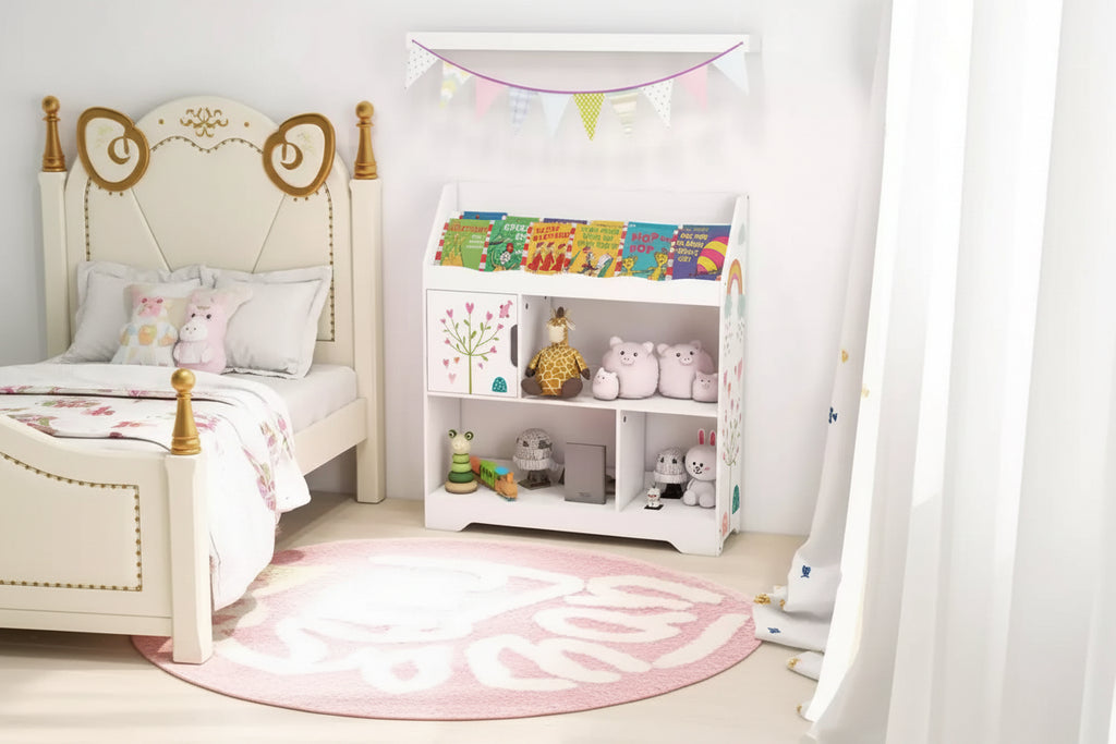 Meuble de rangement 3-en-1 pour jouets avec étagère à livres et meuble de rangement, blanc/bleu