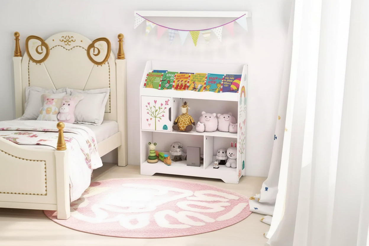 Meuble de rangement 3-en-1 pour jouets avec étagère à livres et meuble de rangement, blanc/bleu