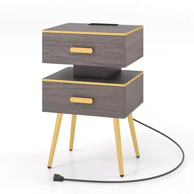 Table de chevet 1/2 pièce avec station de recharge, tables d'appoint de canapé avec 2 tiroirs, grise