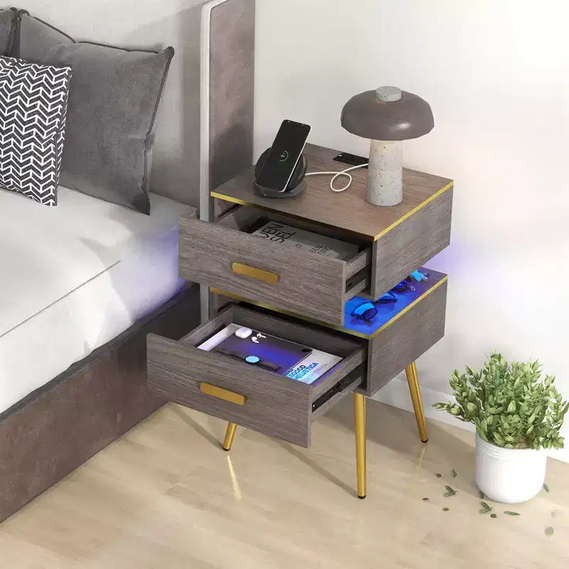 Table de chevet 1/2 pièce avec station de recharge, tables d'appoint de canapé avec 2 tiroirs, grise