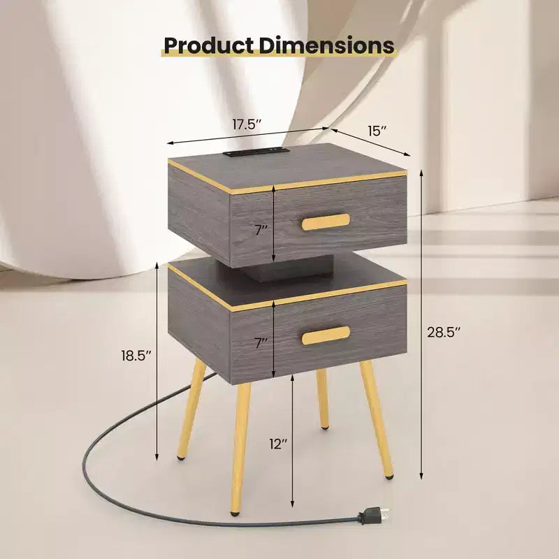 Table de chevet 1/2 pièce avec station de recharge, tables d'appoint de canapé avec 2 tiroirs, grise