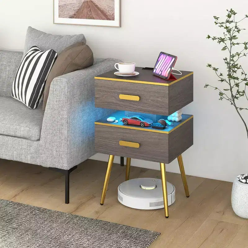 Table de chevet 1/2 pièce avec station de recharge, tables d'appoint de canapé avec 2 tiroirs, grise