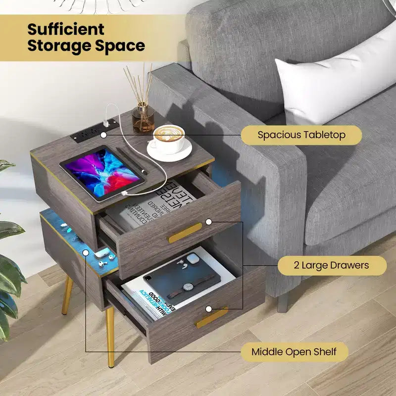 Table de chevet 1/2 pièce avec station de recharge, tables d'appoint de canapé avec 2 tiroirs, grise