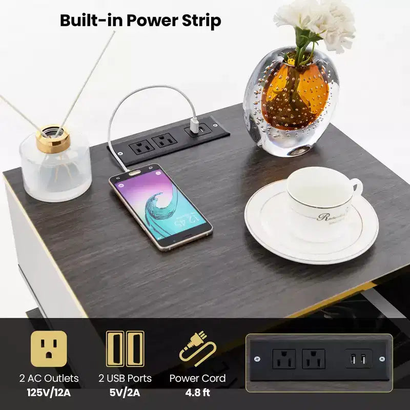 Table de chevet 1/2 pièce avec station de recharge, tables d'appoint de canapé avec 2 tiroirs, grise