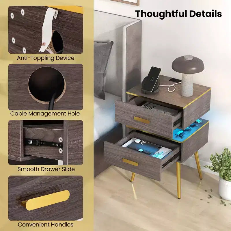 Table de chevet 1/2 pièce avec station de recharge, tables d'appoint de canapé avec 2 tiroirs, grise