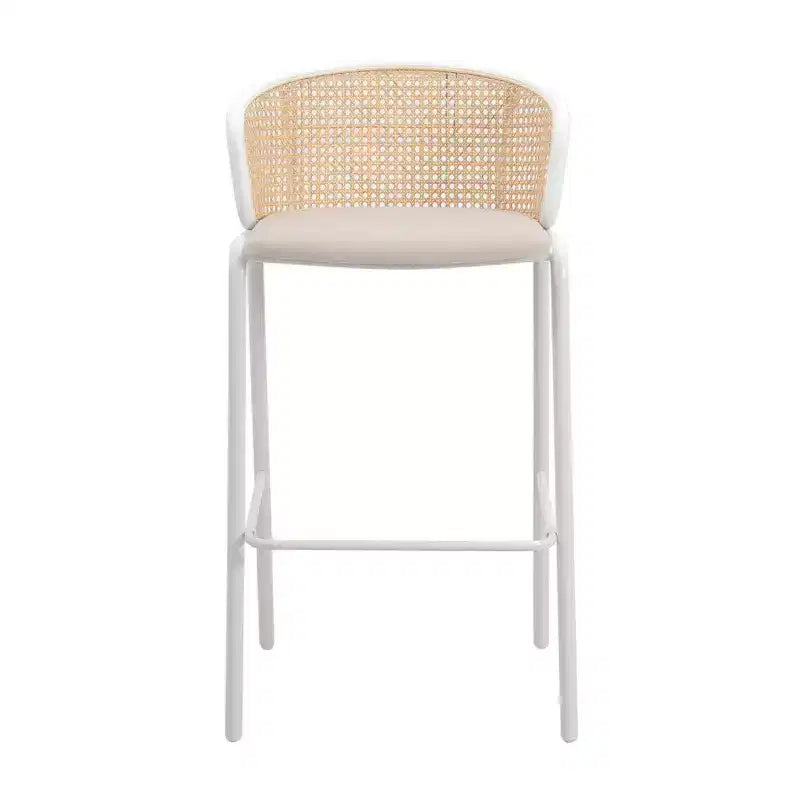 Tabouret de bar en osier avec assise en tissu et cadre en acier blanc, pour cuisine intérieure, bar à domicile, comptoir, îlot, siège de salle à manger moderne