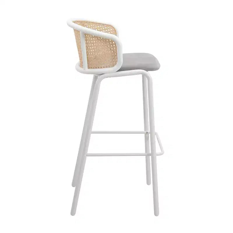 Tabouret de bar en osier avec assise en tissu et cadre en acier blanc, pour cuisine intérieure, bar à domicile, comptoir, îlot, siège de salle à manger moderne