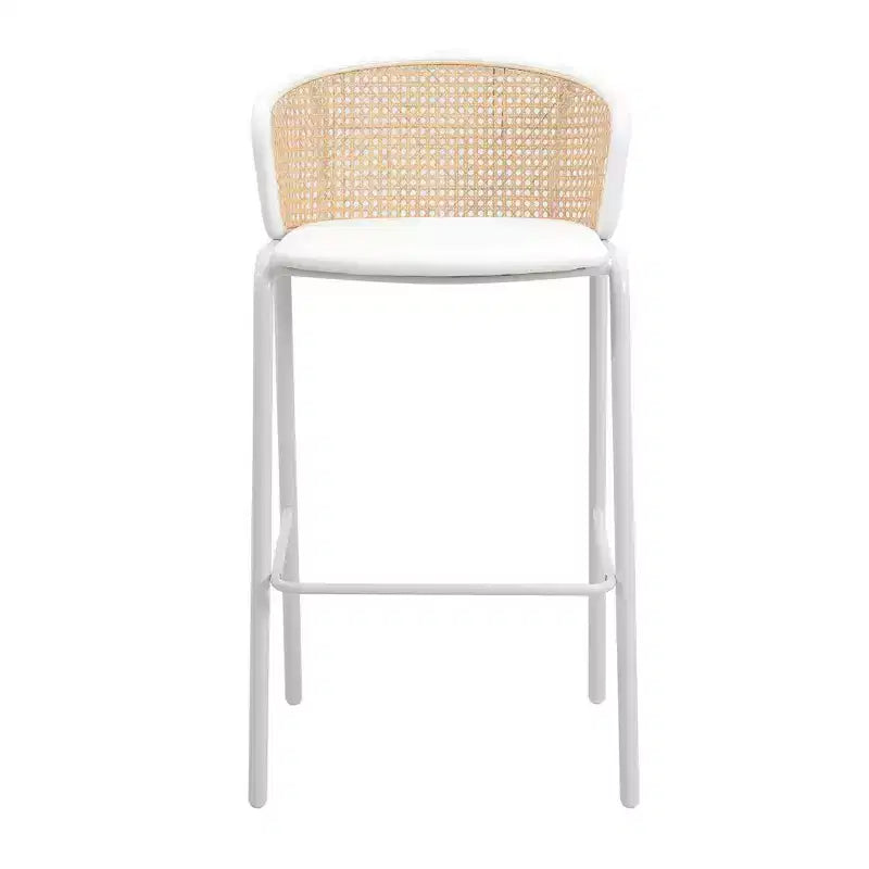 Tabouret de bar en osier avec assise en tissu et cadre en acier blanc, pour cuisine intérieure, bar à domicile, comptoir, îlot, siège de salle à manger moderne