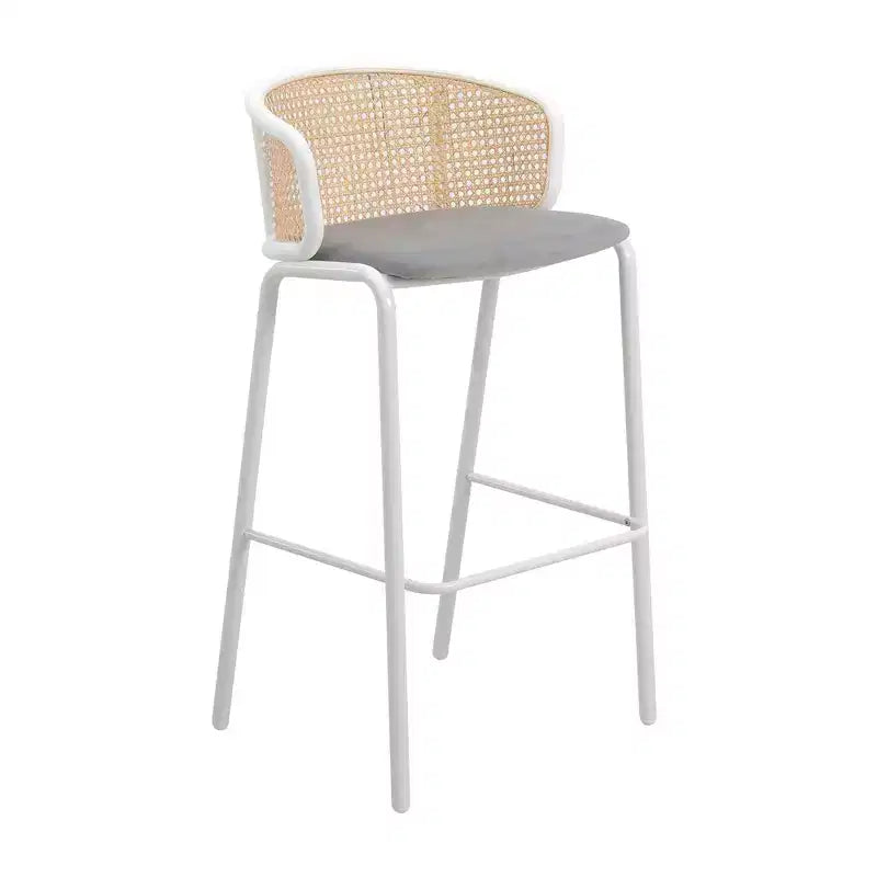 Tabouret de bar en osier avec assise en tissu et cadre en acier blanc, pour cuisine intérieure, bar à domicile, comptoir, îlot, siège de salle à manger moderne