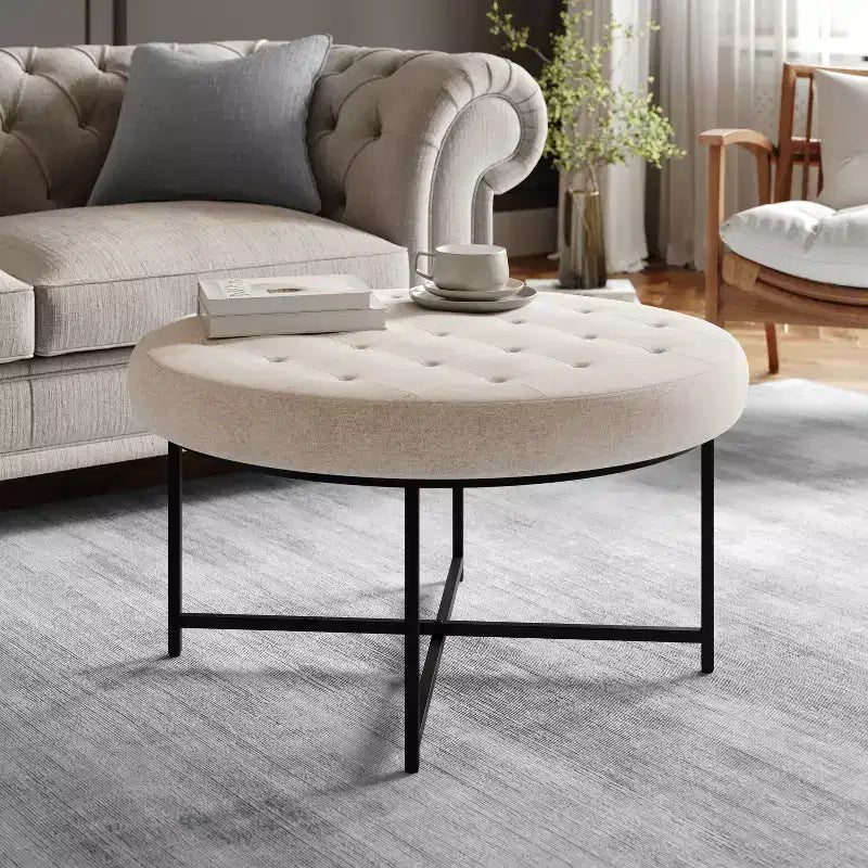 Pouffe ottoman capitonné en coton et lin rond de 34 po avec cadre en métal
