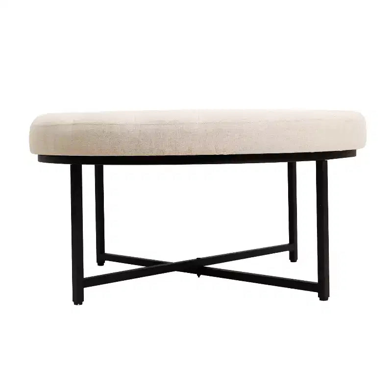 Pouffe ottoman capitonné en coton et lin rond de 34 po avec cadre en métal