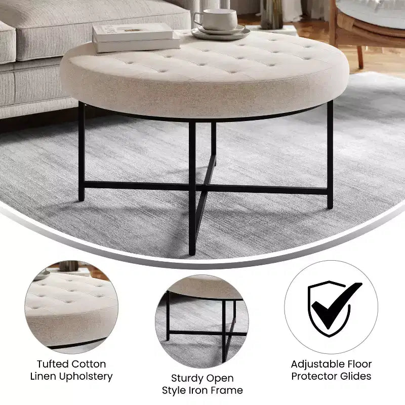 Pouffe ottoman capitonné en coton et lin rond de 34 po avec cadre en métal
