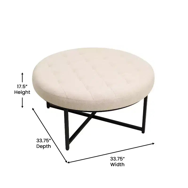 Pouffe ottoman capitonné en coton et lin rond de 34 po avec cadre en métal
