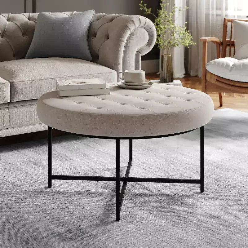 Pouffe ottoman capitonné en coton et lin rond de 34 po avec cadre en métal
