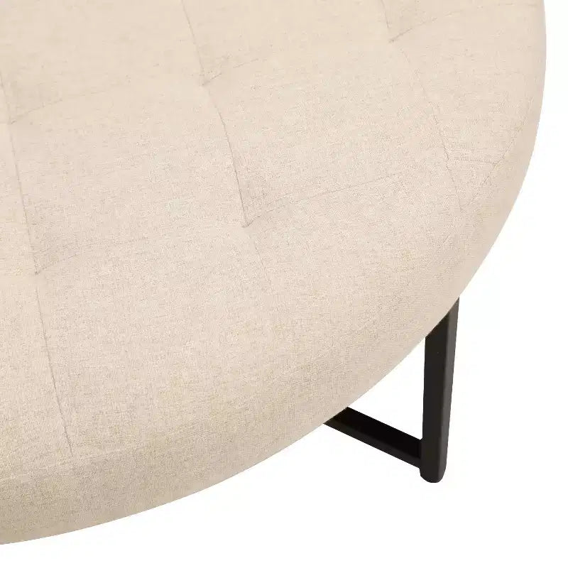Pouffe ottoman capitonné en coton et lin rond de 34 po avec cadre en métal