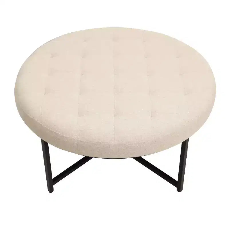 Pouffe ottoman capitonné en coton et lin rond de 34 po avec cadre en métal