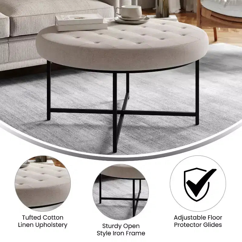 Pouffe ottoman capitonné en coton et lin rond de 34 po avec cadre en métal