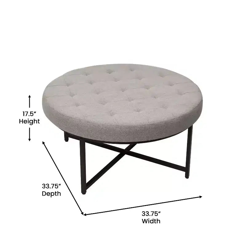 Pouffe ottoman capitonné en coton et lin rond de 34 po avec cadre en métal