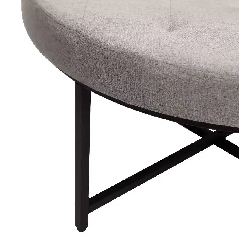 Pouffe ottoman capitonné en coton et lin rond de 34 po avec cadre en métal
