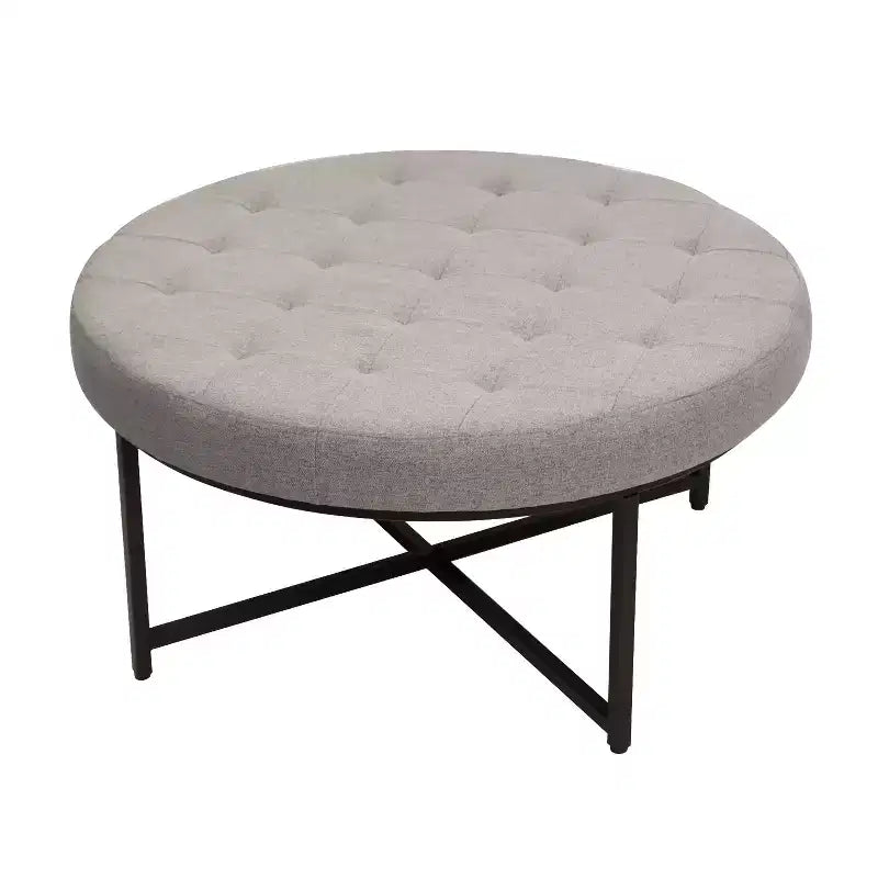 Pouffe ottoman capitonné en coton et lin rond de 34 po avec cadre en métal