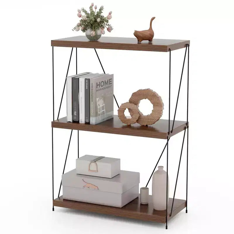 Costway 1/2 PCS 3-Tier Multipurpose Display Rack Freestanding Bookcase with Metal Frame Walnut